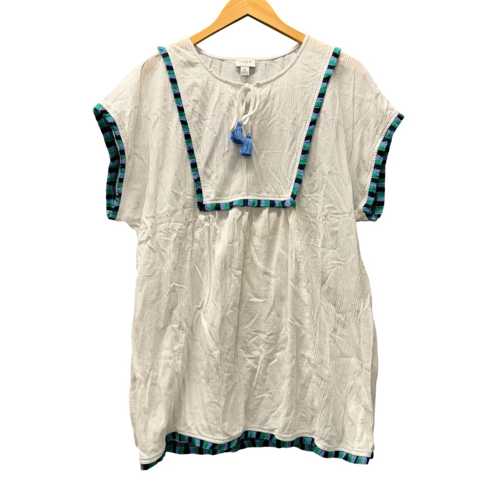 J.Crew Beach Tunic Womens Medium White Embroidered Boho Pullover Cover Up Cotton
